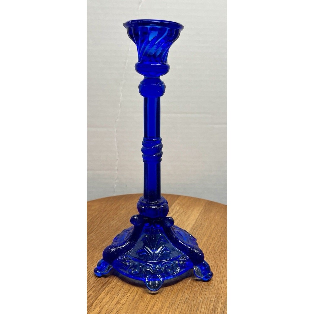 Vintage Cobalt Blue Portieux Vallerysthal Glass Candlestick Holder Dolphin Koi